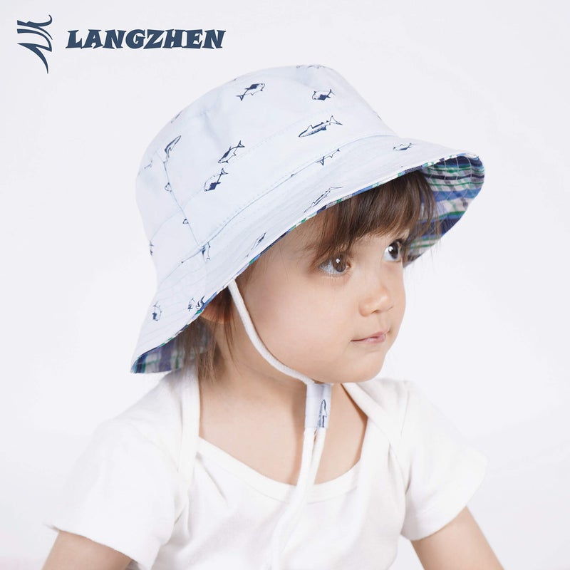 LANGZHEN Sun Protection Hat for Kids Toddler Boys Girls Wide Brim Summer Outdoor hat Cotton Baby Bucket Hat with Chin Strap (Light Blue - Fish, S: 6M-12M (48cm /18.9")) - Image 3